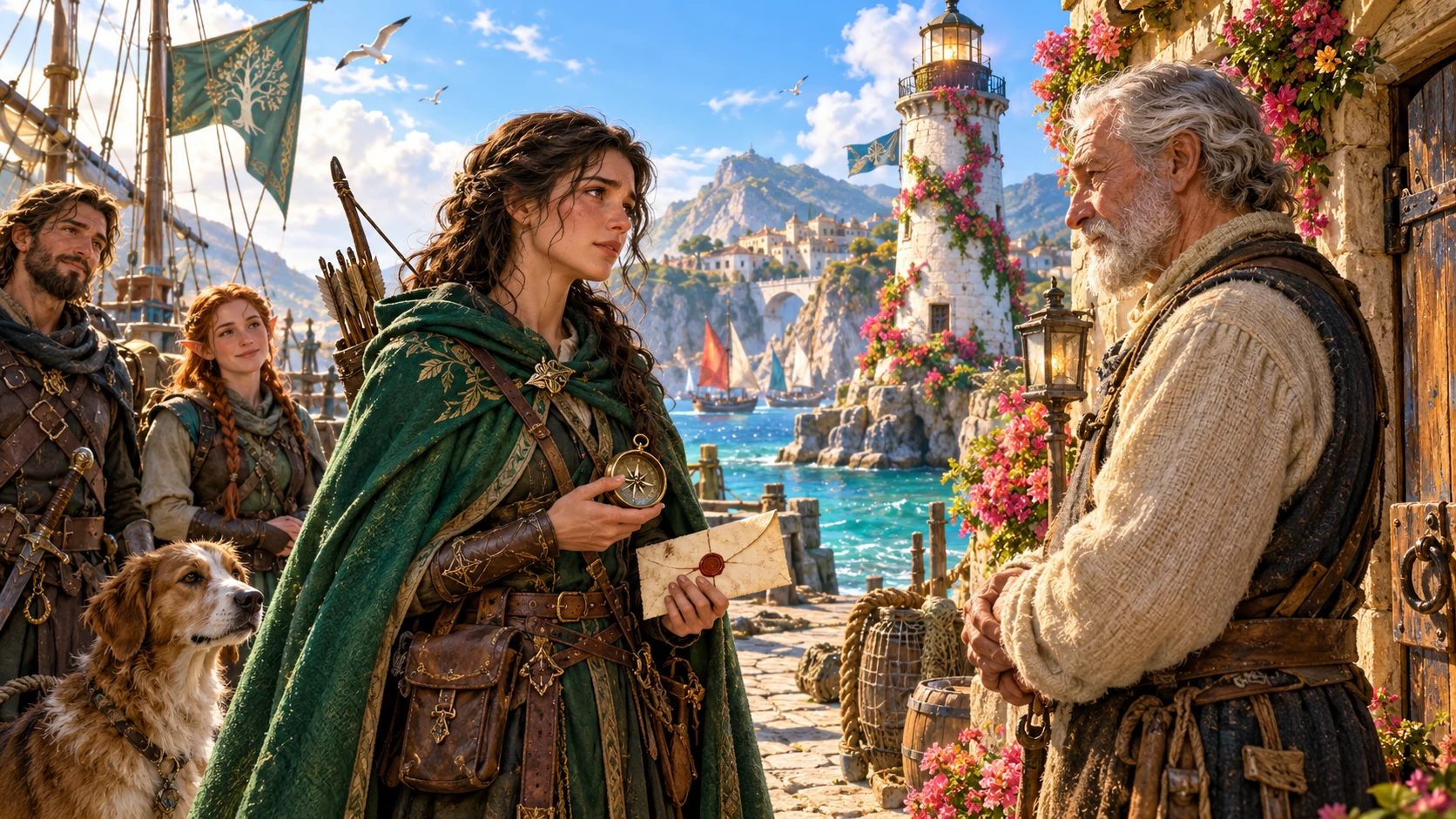An adventurer holds a compass and sealed letter while speaking with an older sailor beside a fantasy harbour.