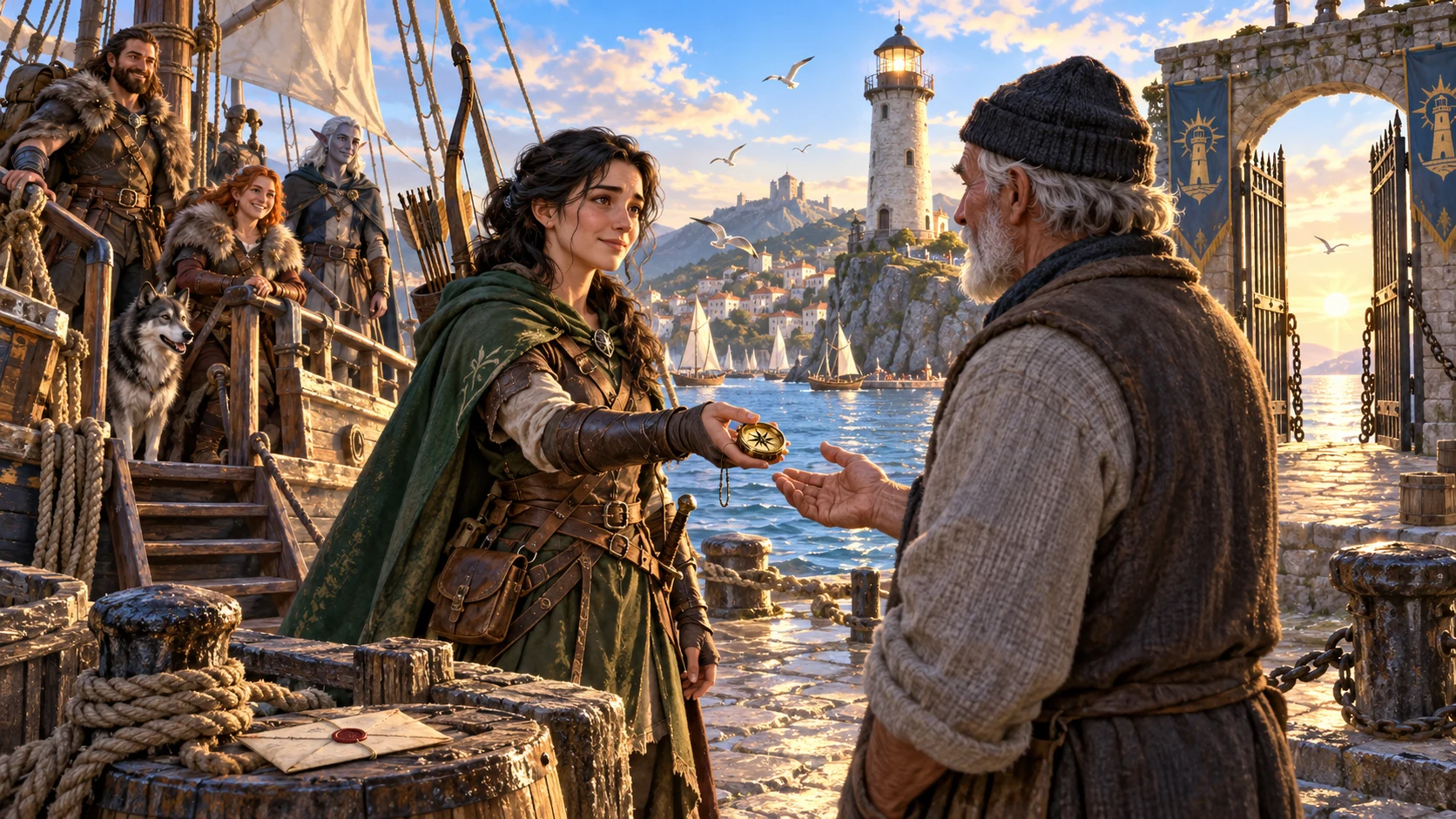 An adventurer offers a compass to an older sailor on a harbour quay beside a lighthouse.