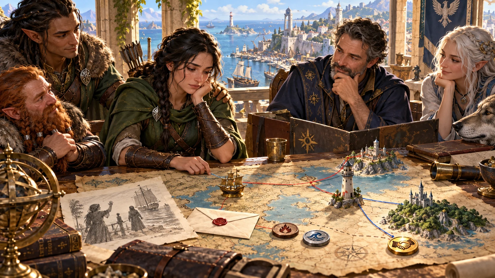 Companions consider a character’s history around a map and miniature lighthouse in a fantasy planning room.